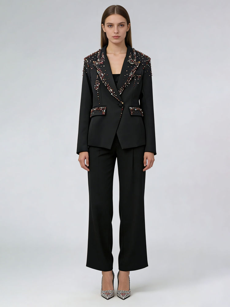 TWOTWINSTYLE Lapel Spliced Diamond Coat Wide Leg Pants Temperament Set