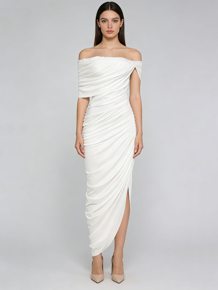 TWOTWINSTYLE Off Shoulder Spliced Ruched Side Split Elegant Dress