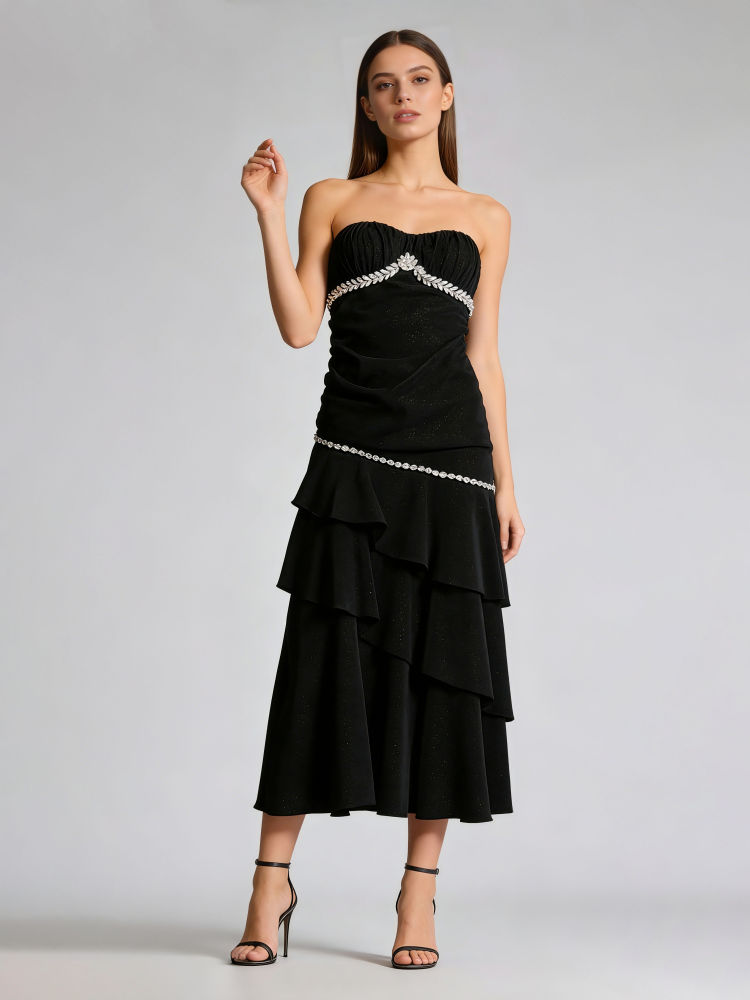 TWOTWINSTYLE Patchwork Diamond Irregular Hem Designer Strapless Dress