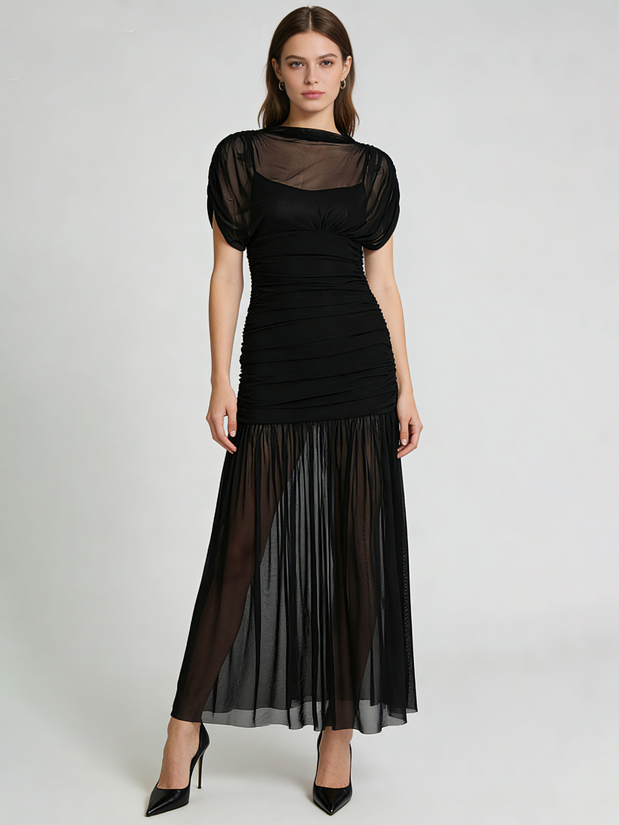 TWOTWINSTYLE Round Neck Tunic Patchwork Mesh Vintage Dress