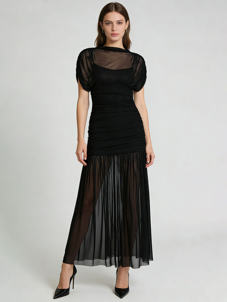 TWOTWINSTYLE Round Neck Tunic Patchwork Mesh Vintage Dress