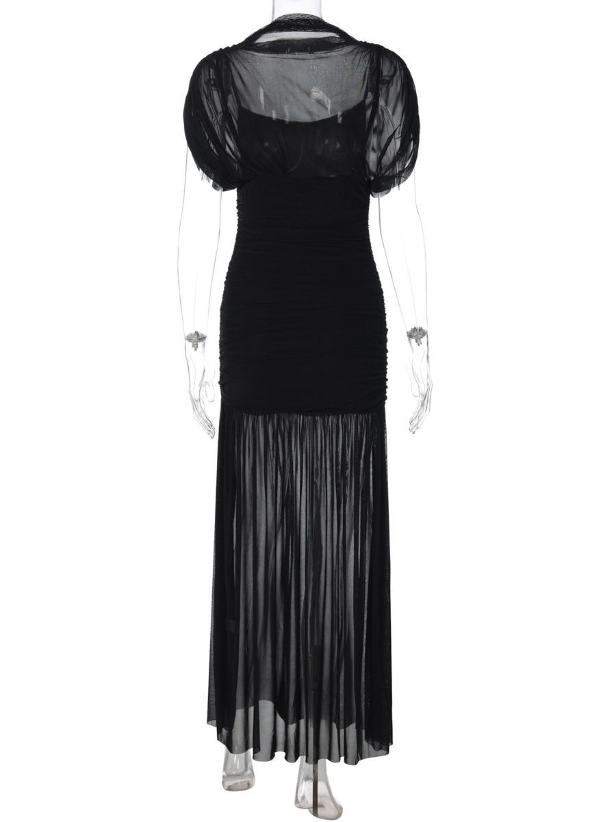 TWOTWINSTYLE Round Neck Tunic Patchwork Mesh Vintage Dress