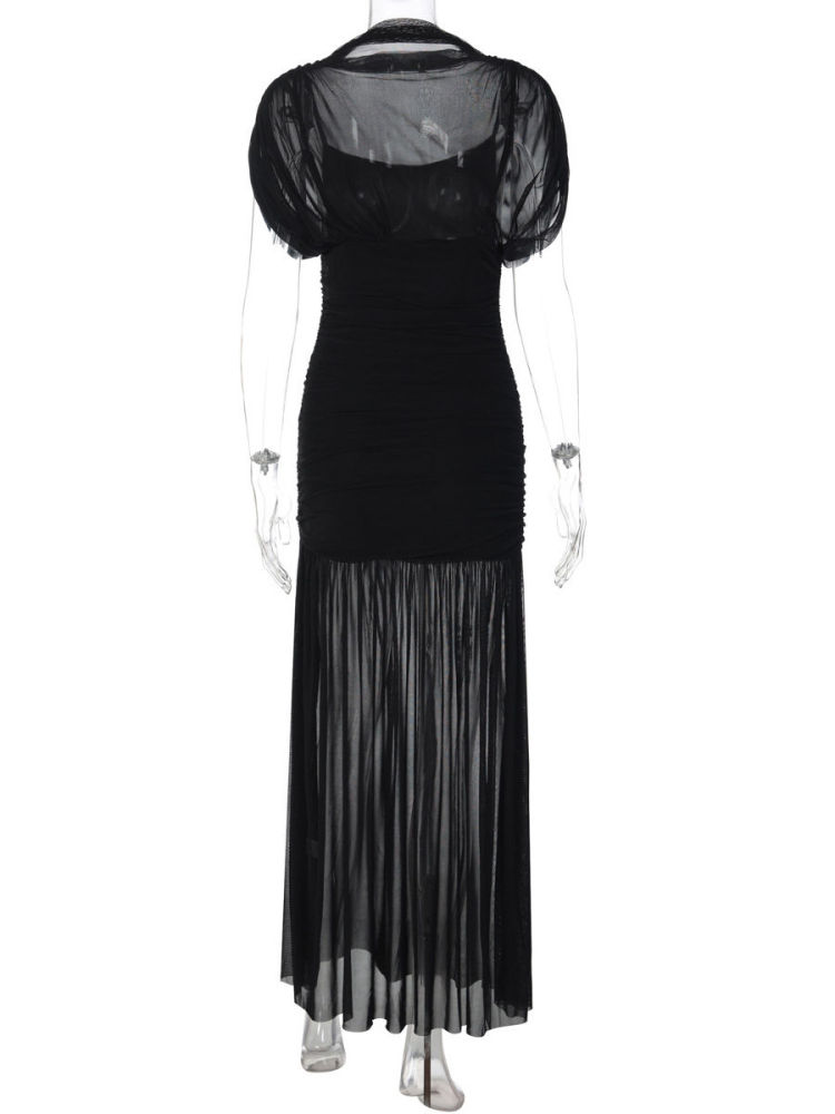 TWOTWINSTYLE Round Neck Tunic Patchwork Mesh Vintage Dress