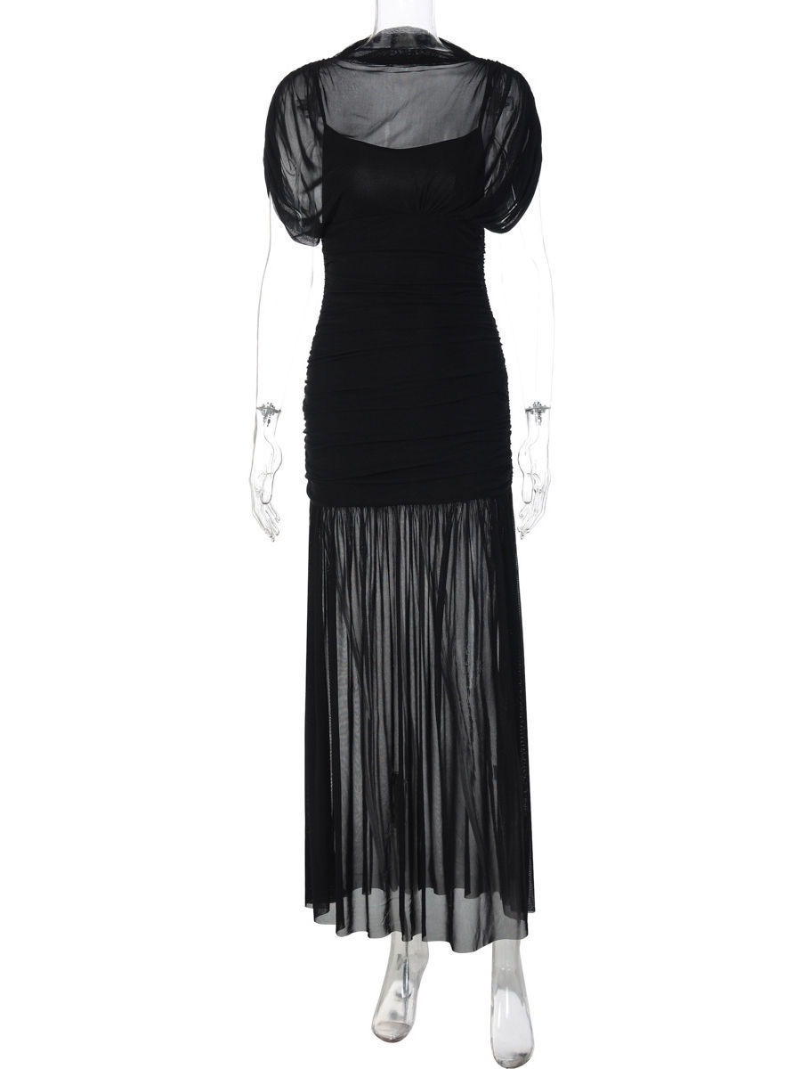 TWOTWINSTYLE Round Neck Tunic Patchwork Mesh Vintage Dress