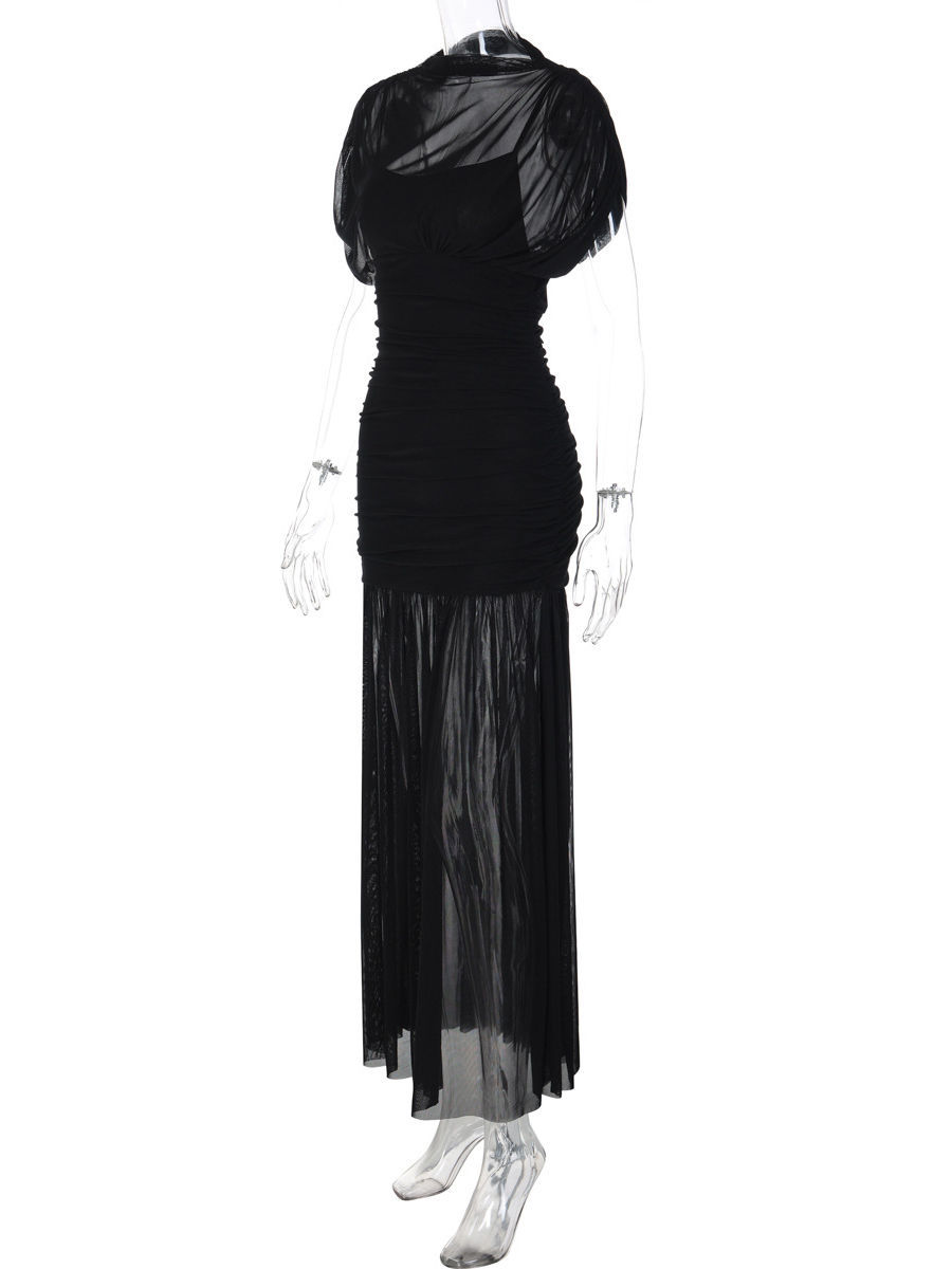 TWOTWINSTYLE Round Neck Tunic Patchwork Mesh Vintage Dress