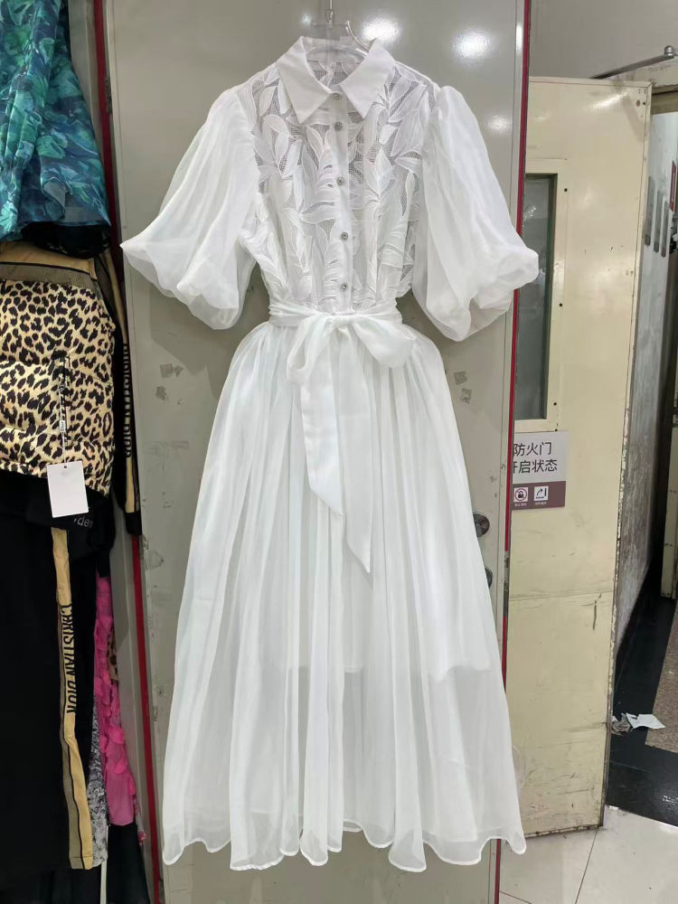 TWOTWINSTYLE Solid Lapel Puff Sleeve High Waist Chic Dress