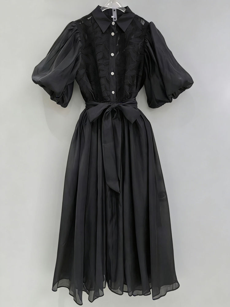 TWOTWINSTYLE Solid Lapel Puff Sleeve High Waist Chic Dress