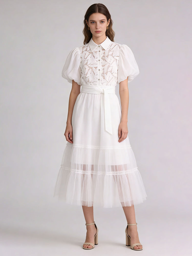 TWOTWINSTYLE Solid Lapel Puff Sleeve High Waist Chic Dress