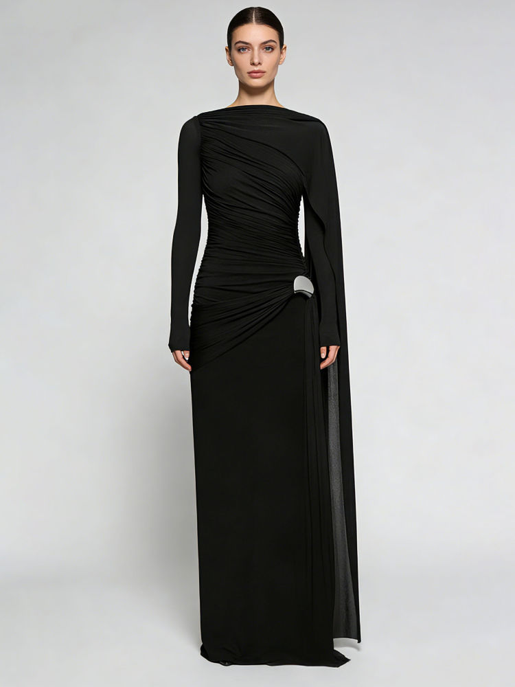 TWOTWINSTYLE Solid Round Neck Patchwork Lace Up Slimming Dress - BLACK