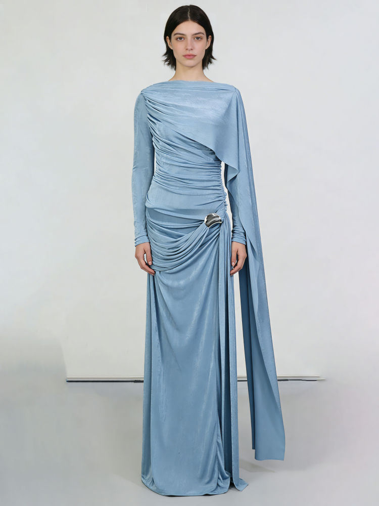 TWOTWINSTYLE Solid Round Neck Patchwork Lace Up Slimming Dress - BLUE