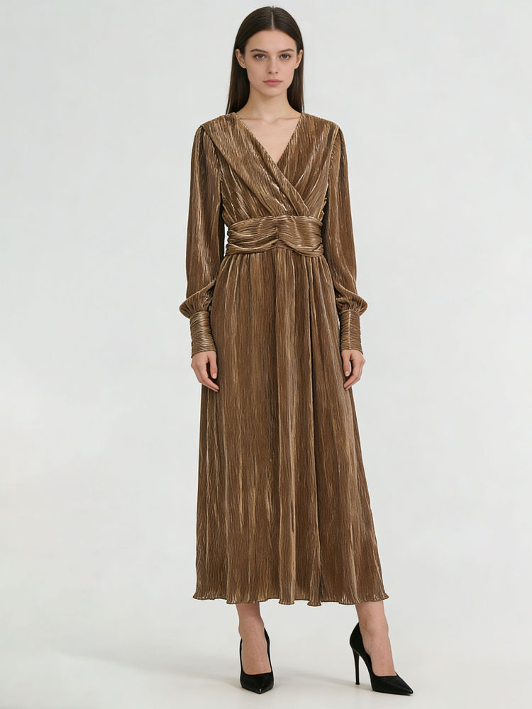 TWOTWINSTYLE V Neck Long Sleeve Tunic Vintage Midi Dress