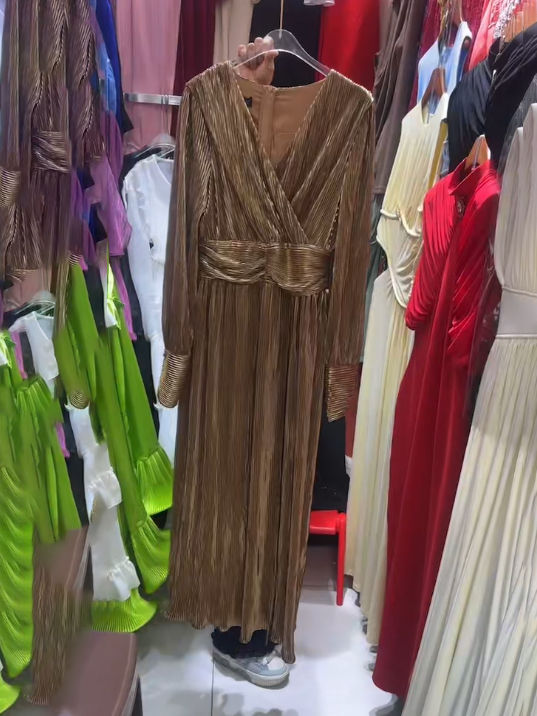 TWOTWINSTYLE V Neck Long Sleeve Tunic Vintage Midi Dress