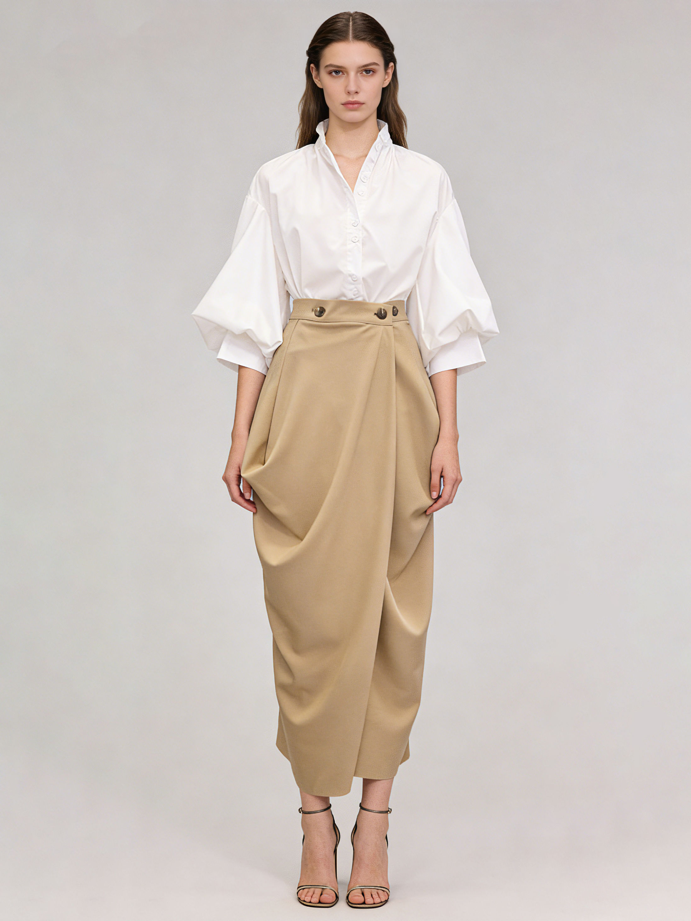 TWOTWINSTYLE High Waist Pleated Patchwork Button Vintage Skirt