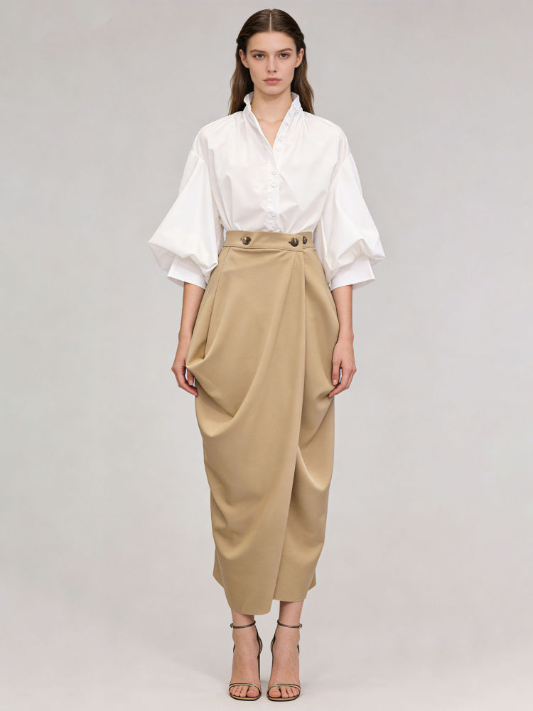 TWOTWINSTYLE High Waist Pleated Patchwork Button Vintage Skirt
