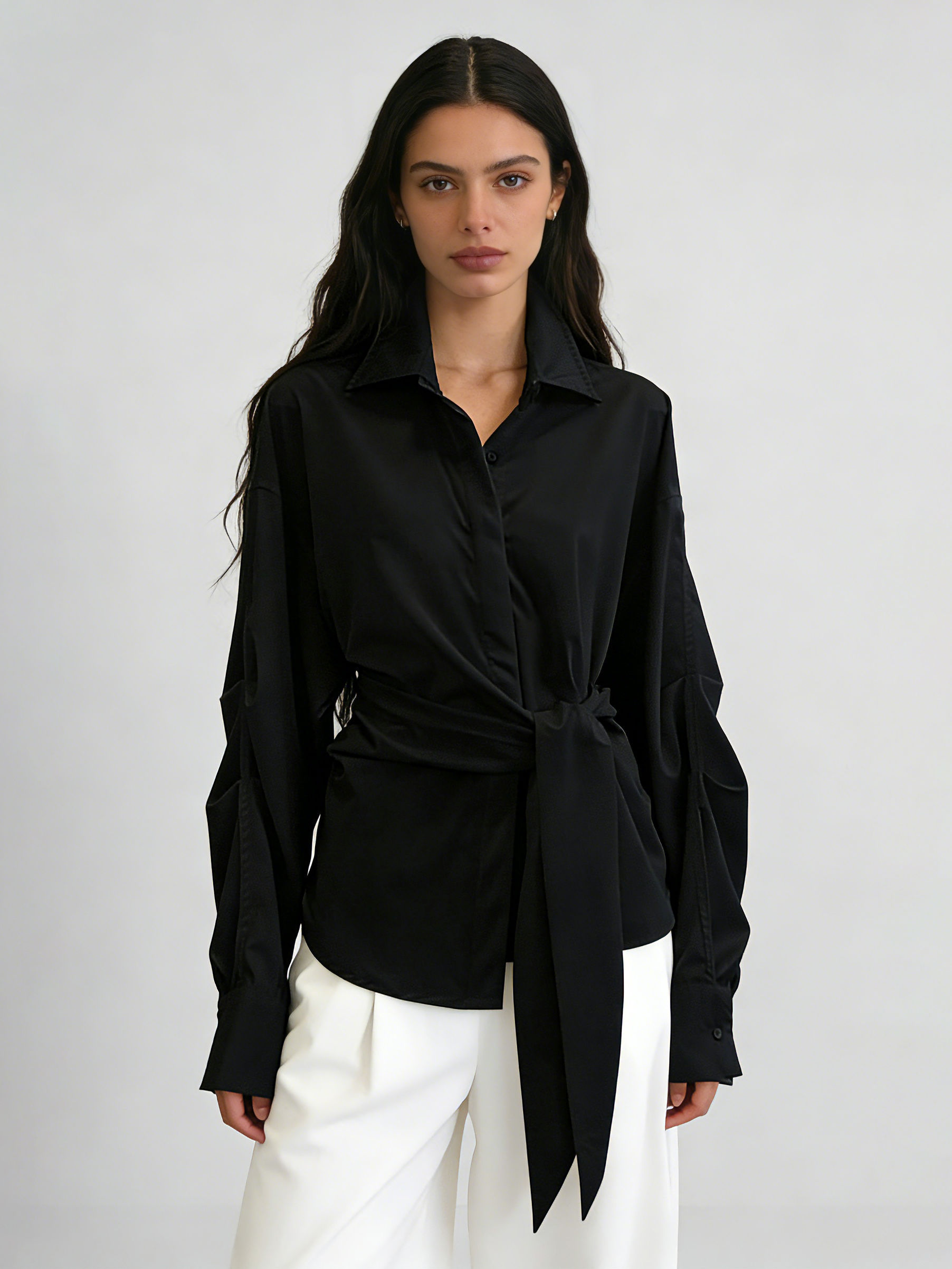 TWOTWINSTYLE Lapel Long Sleeve Patchwork Lace Up Solid Shirt