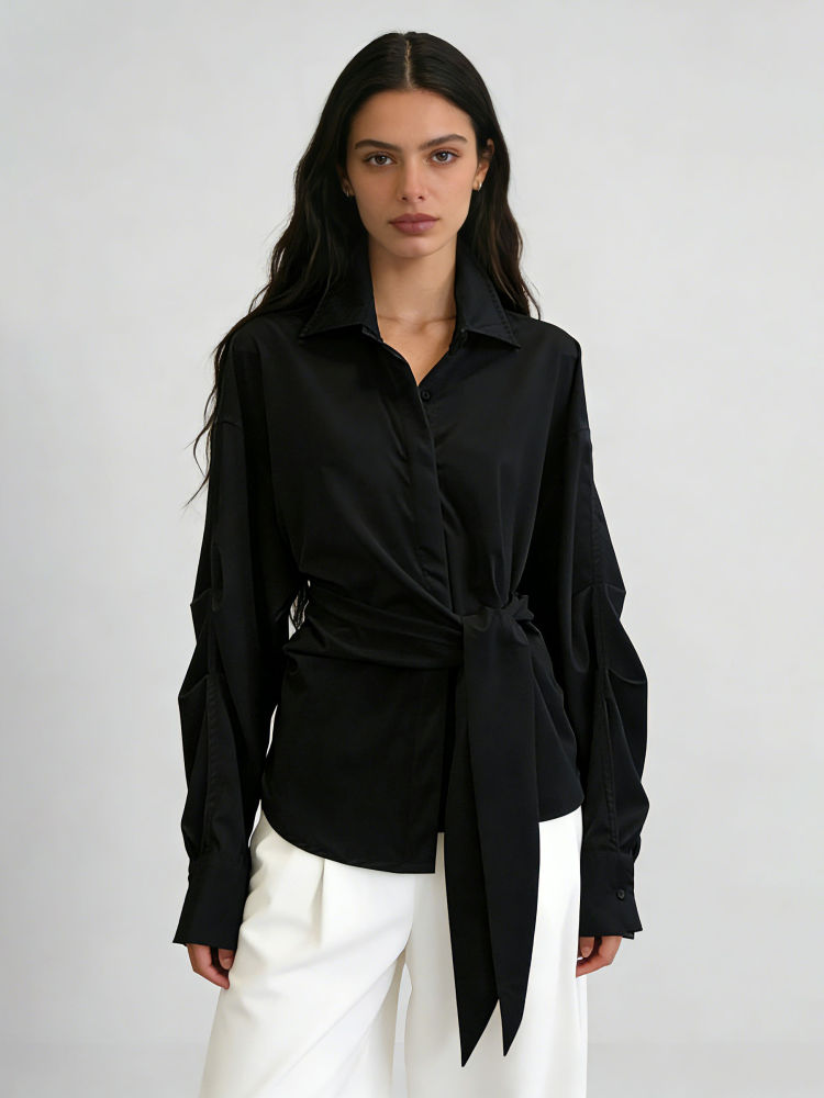 TWOTWINSTYLE Lapel Long Sleeve Patchwork Lace Up Solid Shirt