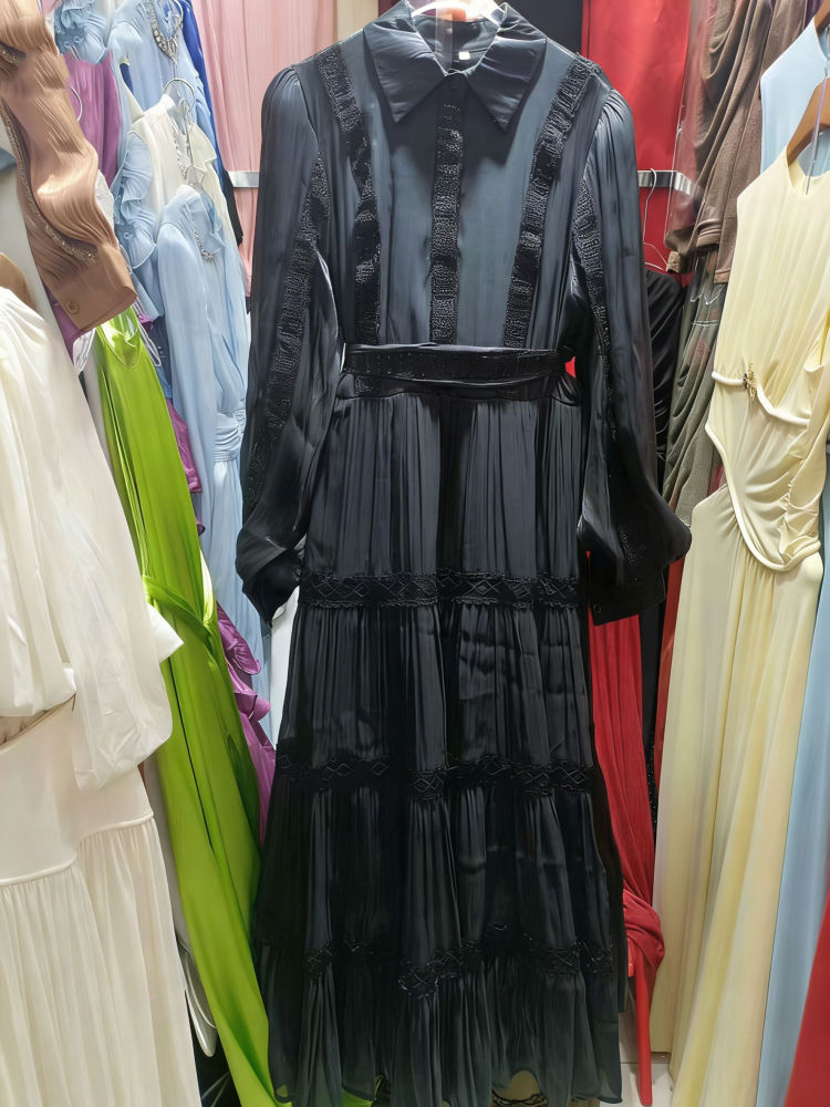 TWOTWINSTYLE Lapel Long Sleeve Spliced Lace Vintage Dress