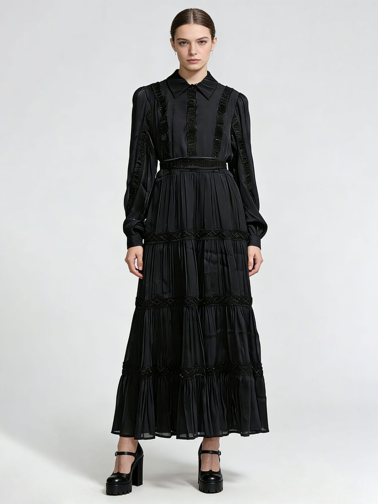 TWOTWINSTYLE Lapel Long Sleeve Spliced Lace Vintage Dress