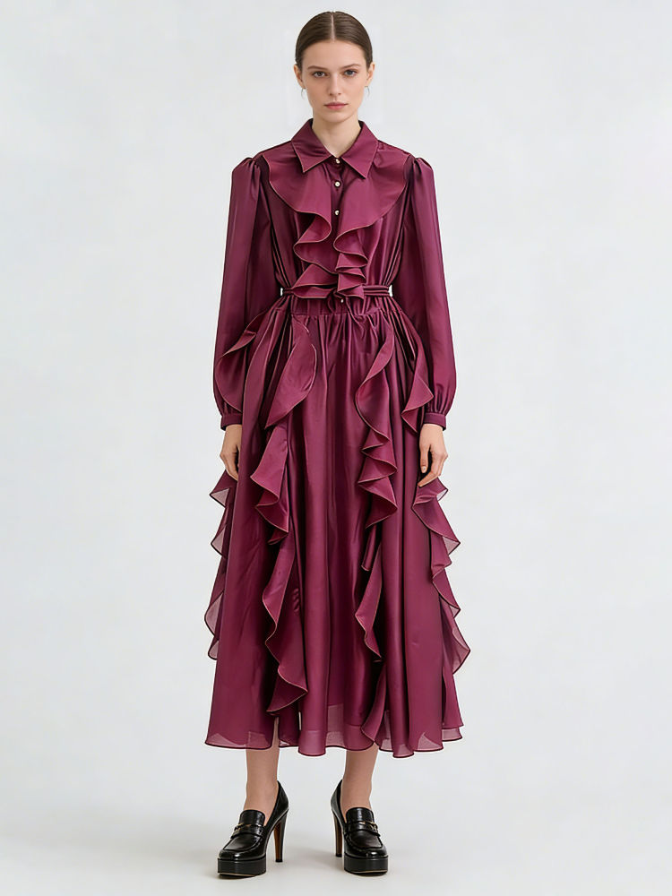 TWOTWINSTYLE Lapel Long Sleeve Spliced Ruffles Elegant Dress