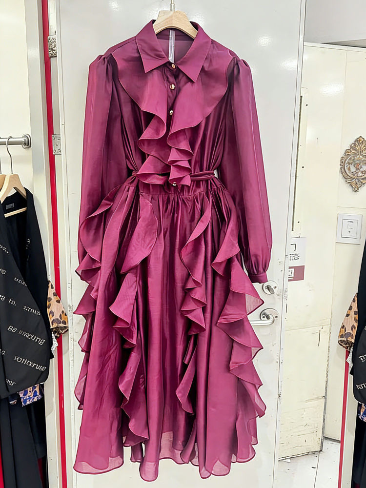 TWOTWINSTYLE Lapel Long Sleeve Spliced Ruffles Elegant Dress