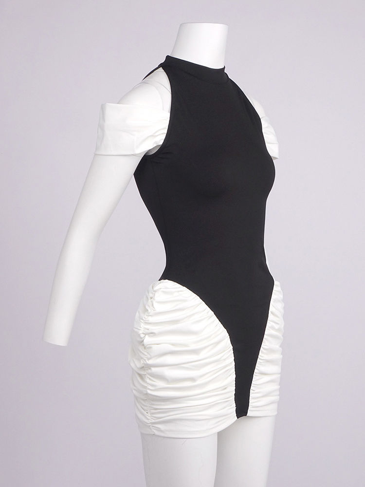 TWOTWINSTYLE Round Neck Hit Color Ruched Elegant Dress