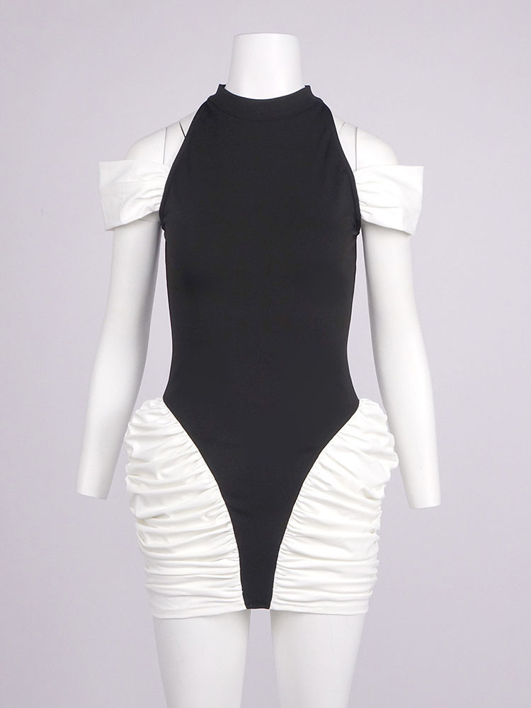 TWOTWINSTYLE Round Neck Hit Color Ruched Elegant Dress