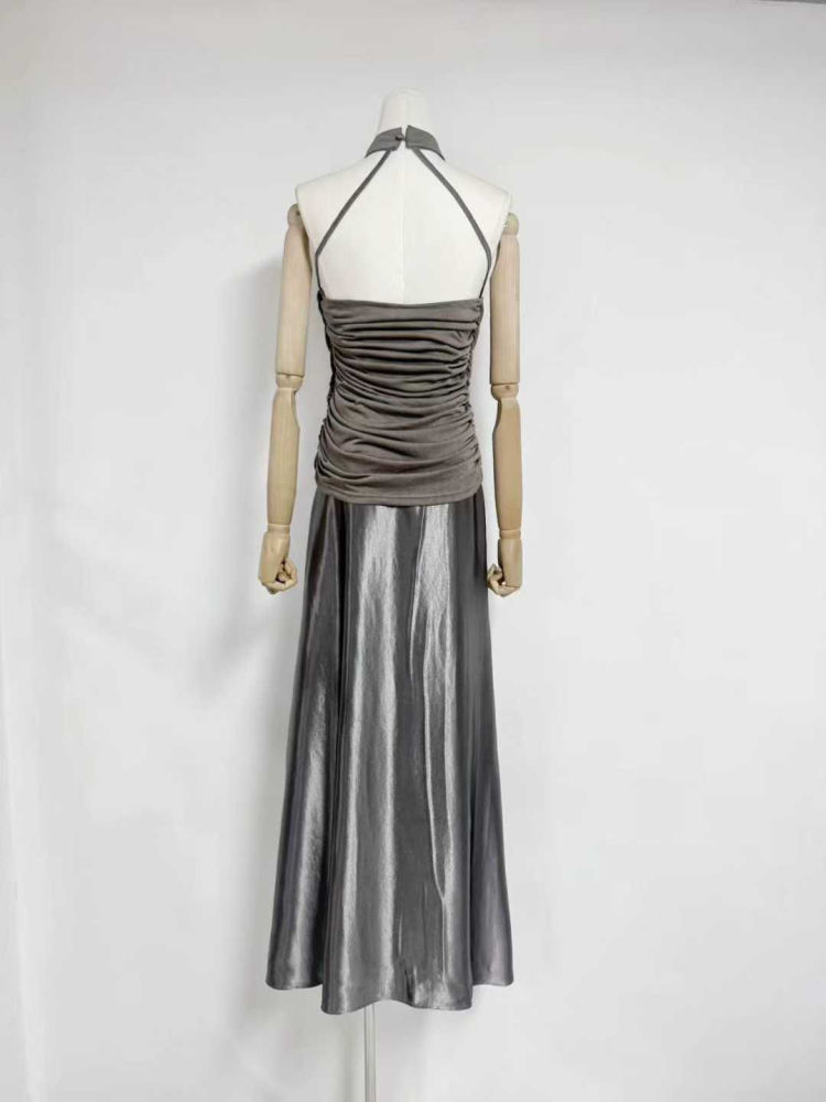 TWOTWINSTYLE Round Neck Off Shoulder Ruched Vintage Dress