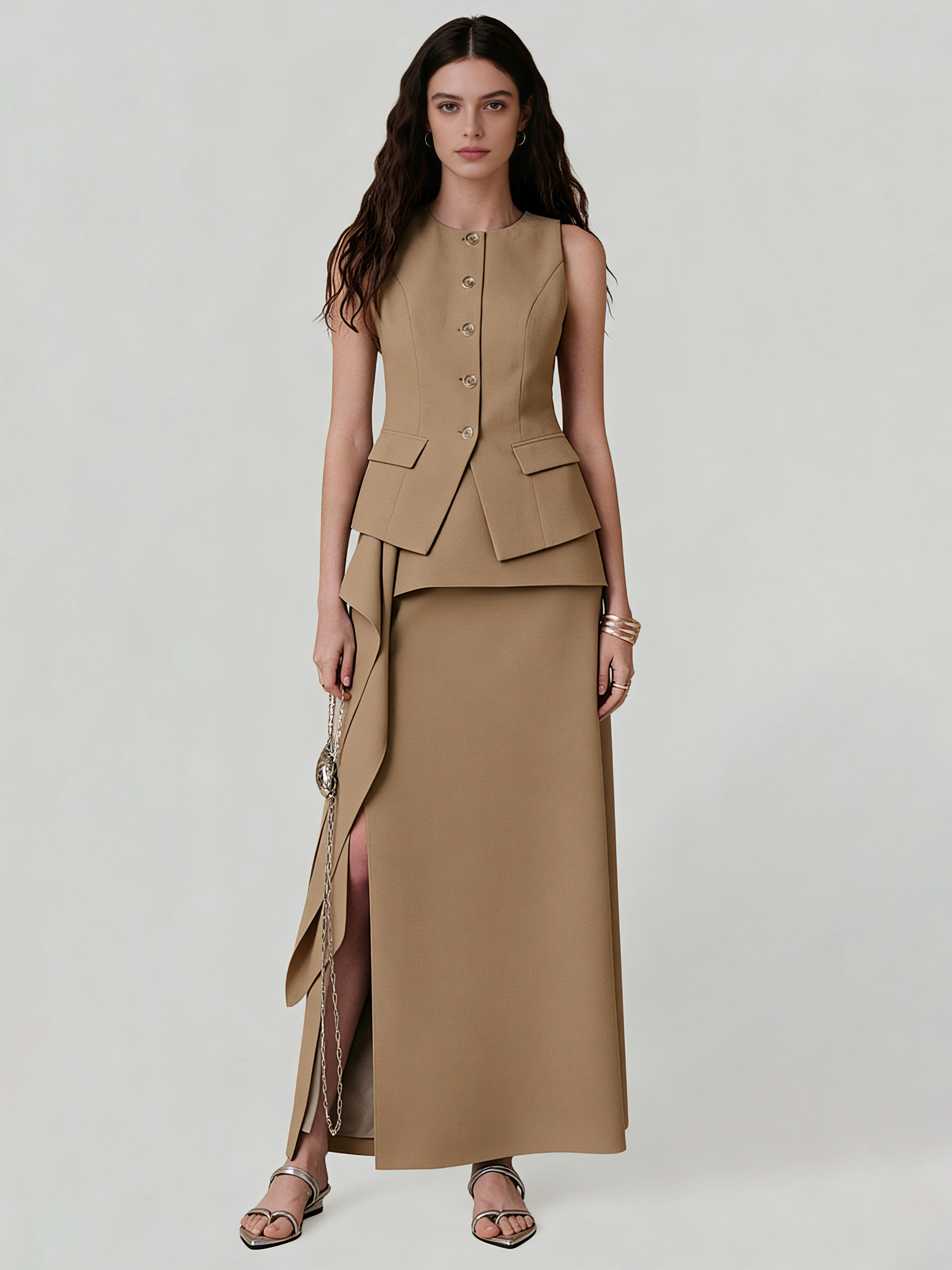 TWOTWINSTYLE Sleeveless Single Breasted Top Spliced Ruffles Skirt Fashion Set