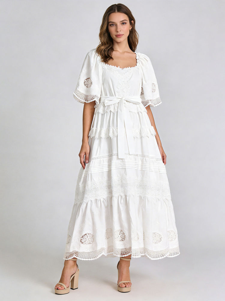 TWOTWINSTYLE Square Neckline Tunic Patchwork Lace Fashion Dress