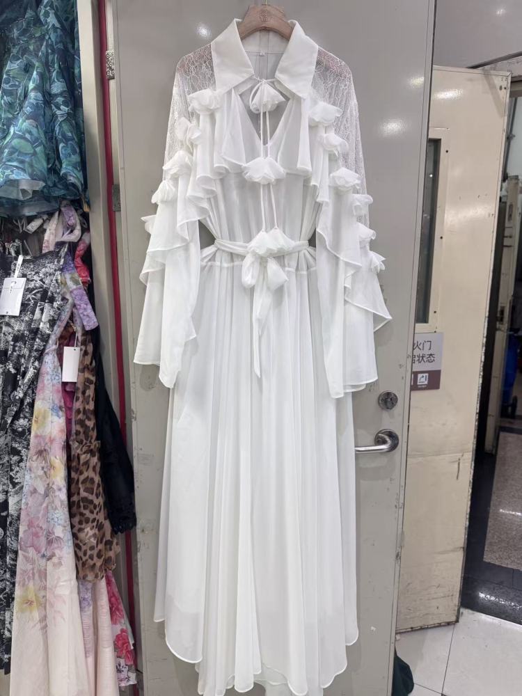 TWOTWINSTYLE Lapel Long Sleeve Spliced Ruffles Elegant Dress
