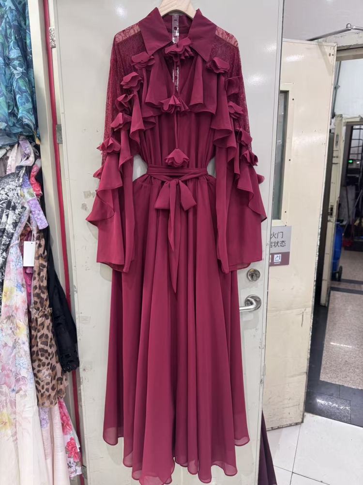 TWOTWINSTYLE Lapel Long Sleeve Spliced Ruffles Elegant Dress