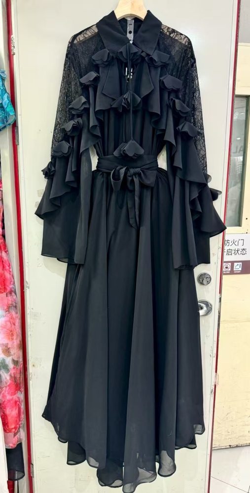 TWOTWINSTYLE Lapel Long Sleeve Spliced Ruffles Elegant Dress