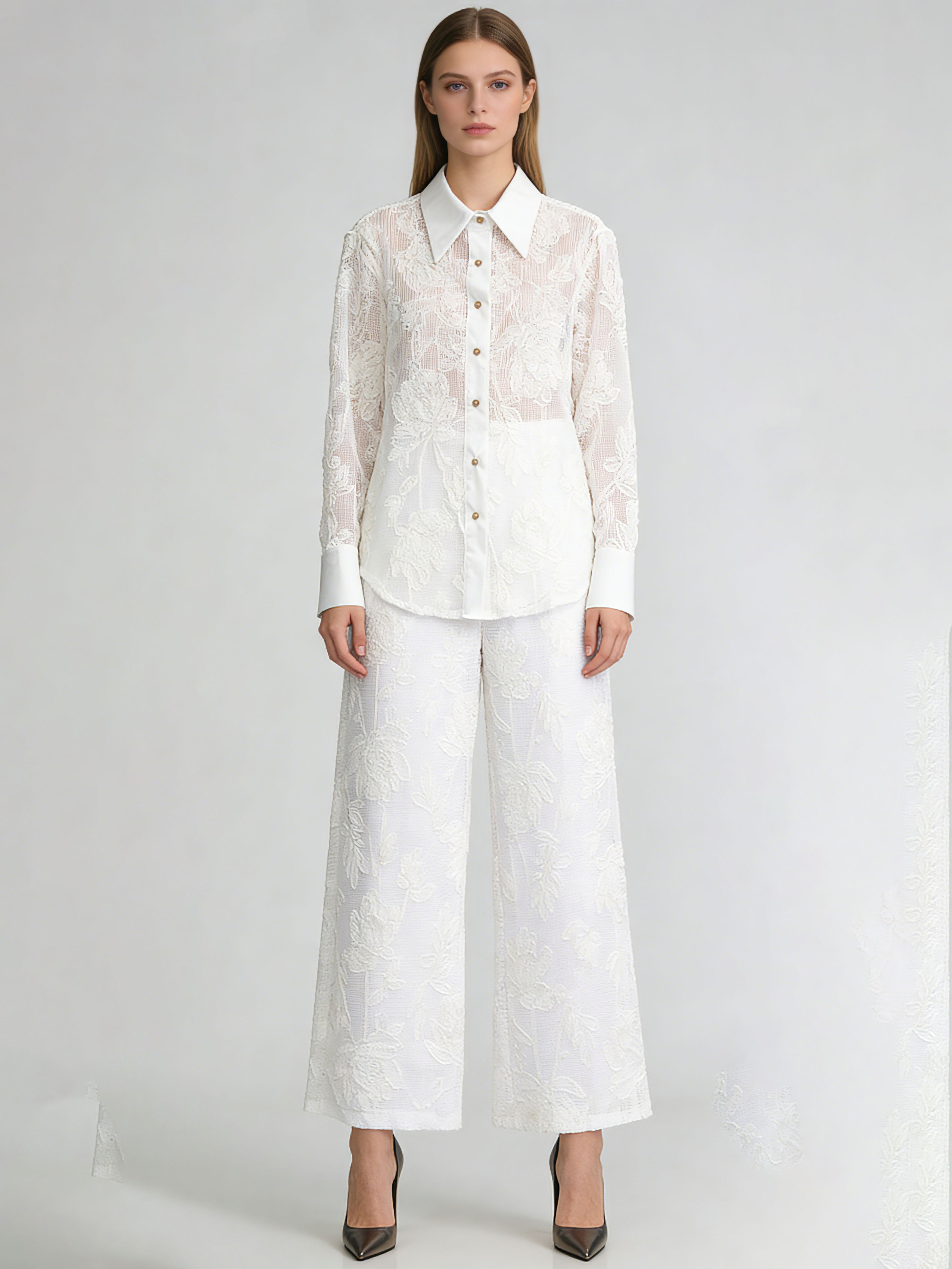 TWOTWINSTYLE Lapel Long Sleeve Spliced Mesh Top Solid Pants Temperament Set
