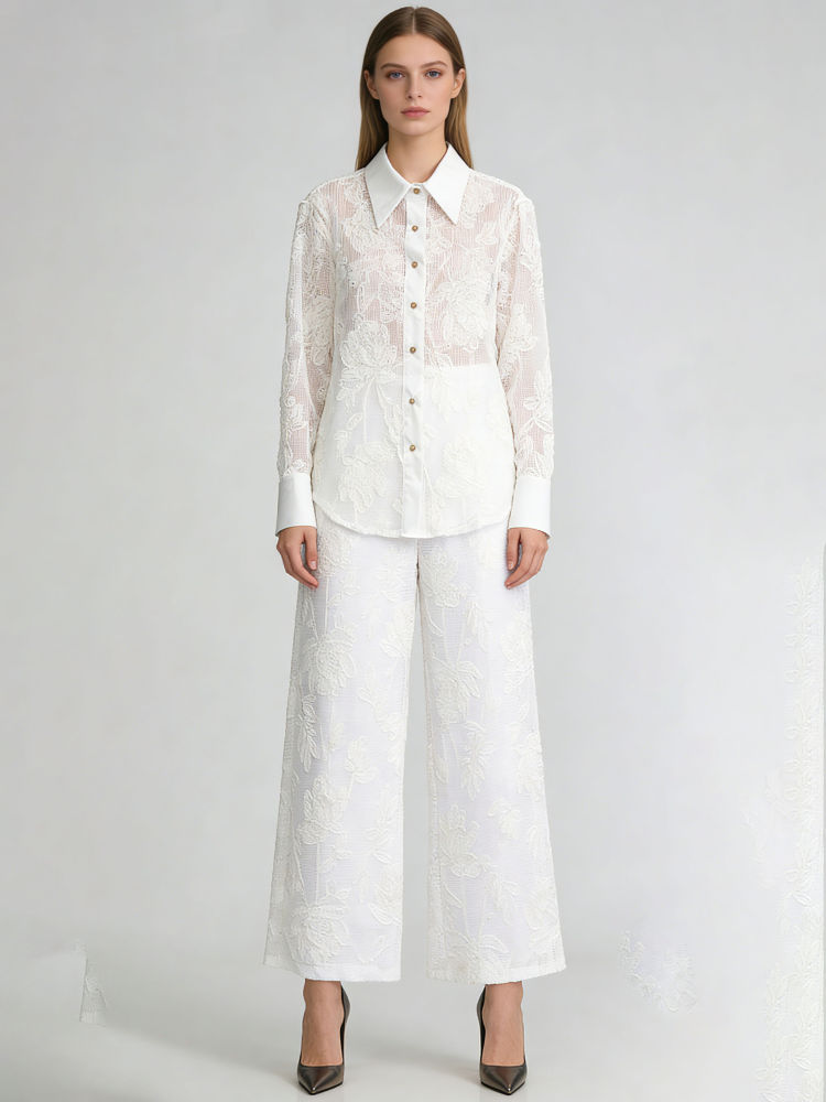 TWOTWINSTYLE Lapel Long Sleeve Spliced Mesh Top Solid Pants Temperament Set