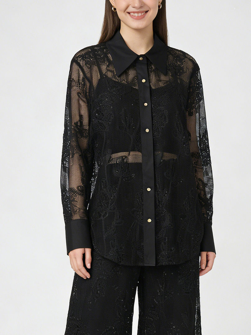 TWOTWINSTYLE Lapel Long Sleeve Spliced Mesh Top Solid Pants Temperament Set