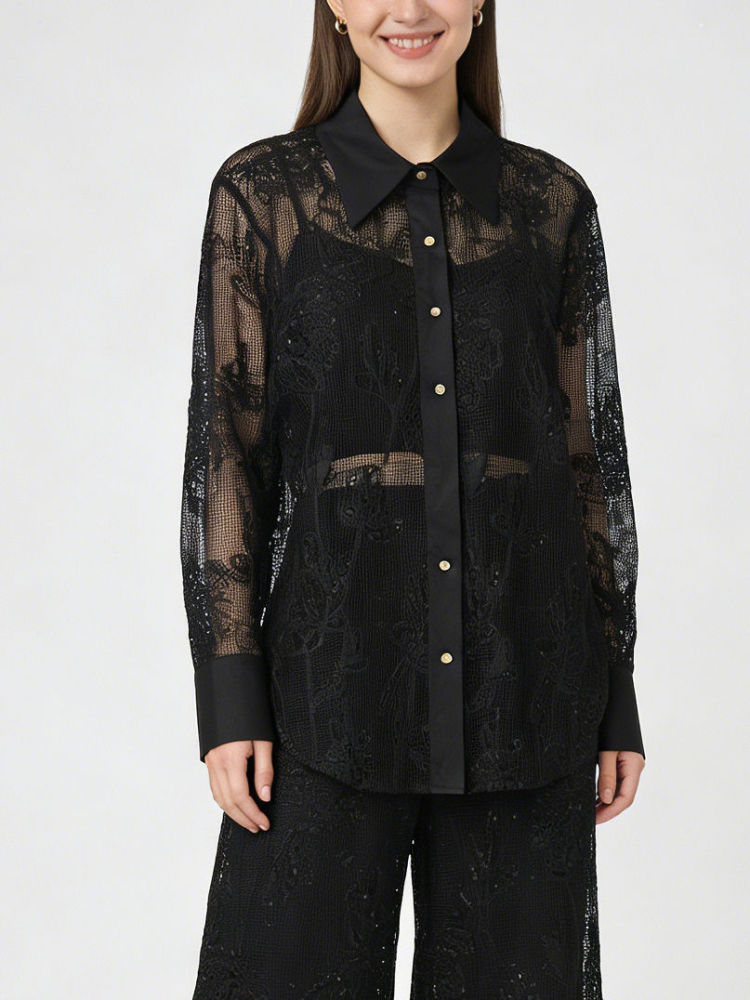 TWOTWINSTYLE Lapel Long Sleeve Spliced Mesh Top Solid Pants Temperament Set