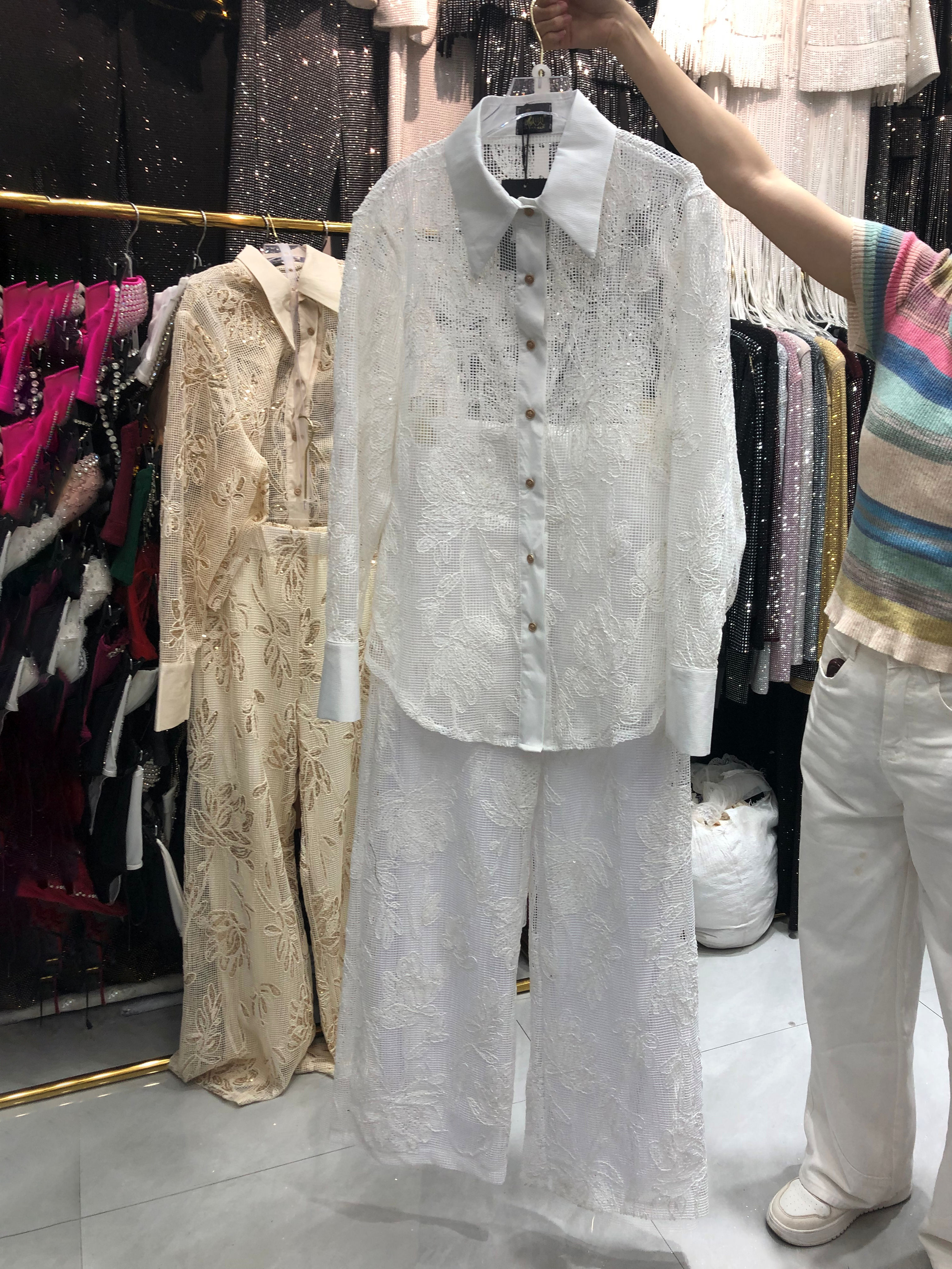 TWOTWINSTYLE Lapel Long Sleeve Spliced Mesh Top Solid Pants Temperament Set