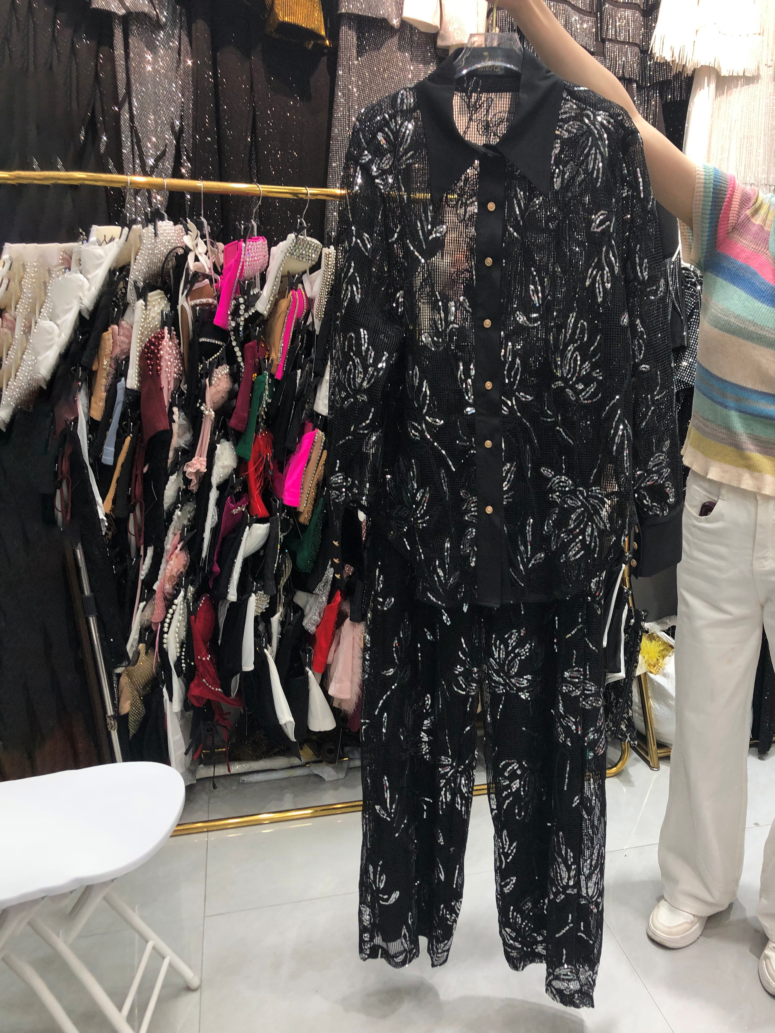 TWOTWINSTYLE Lapel Long Sleeve Spliced Mesh Top Solid Pants Temperament Set