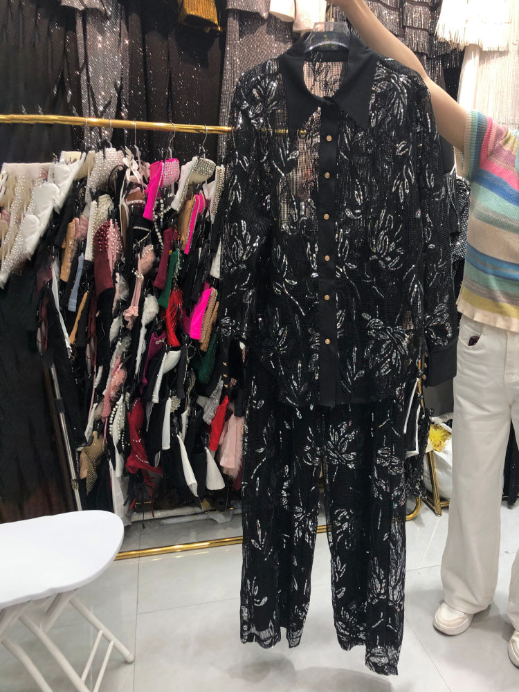 TWOTWINSTYLE Lapel Long Sleeve Spliced Mesh Top Solid Pants Temperament Set