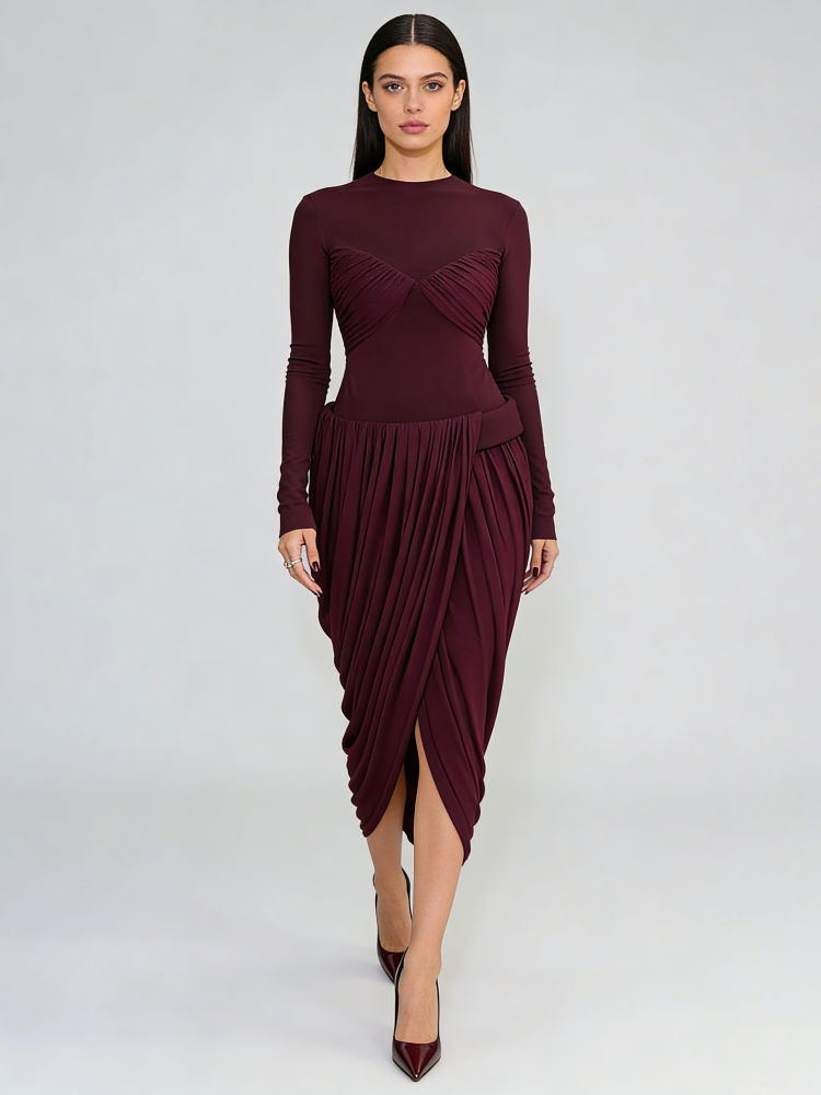 TWOTWINSTYLE Round Neck Long Sleeve Irregular Hem Vintage Dress