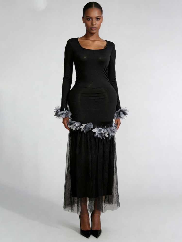 TWOTWINSTYLE Round Neck Patchwork 3D Flower Designer Dress