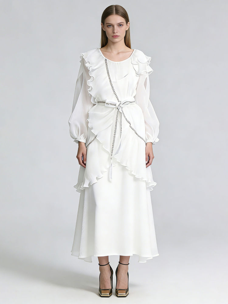TWOTWINSTYLE Round Neck Patchwork Ruffles Chic Dress