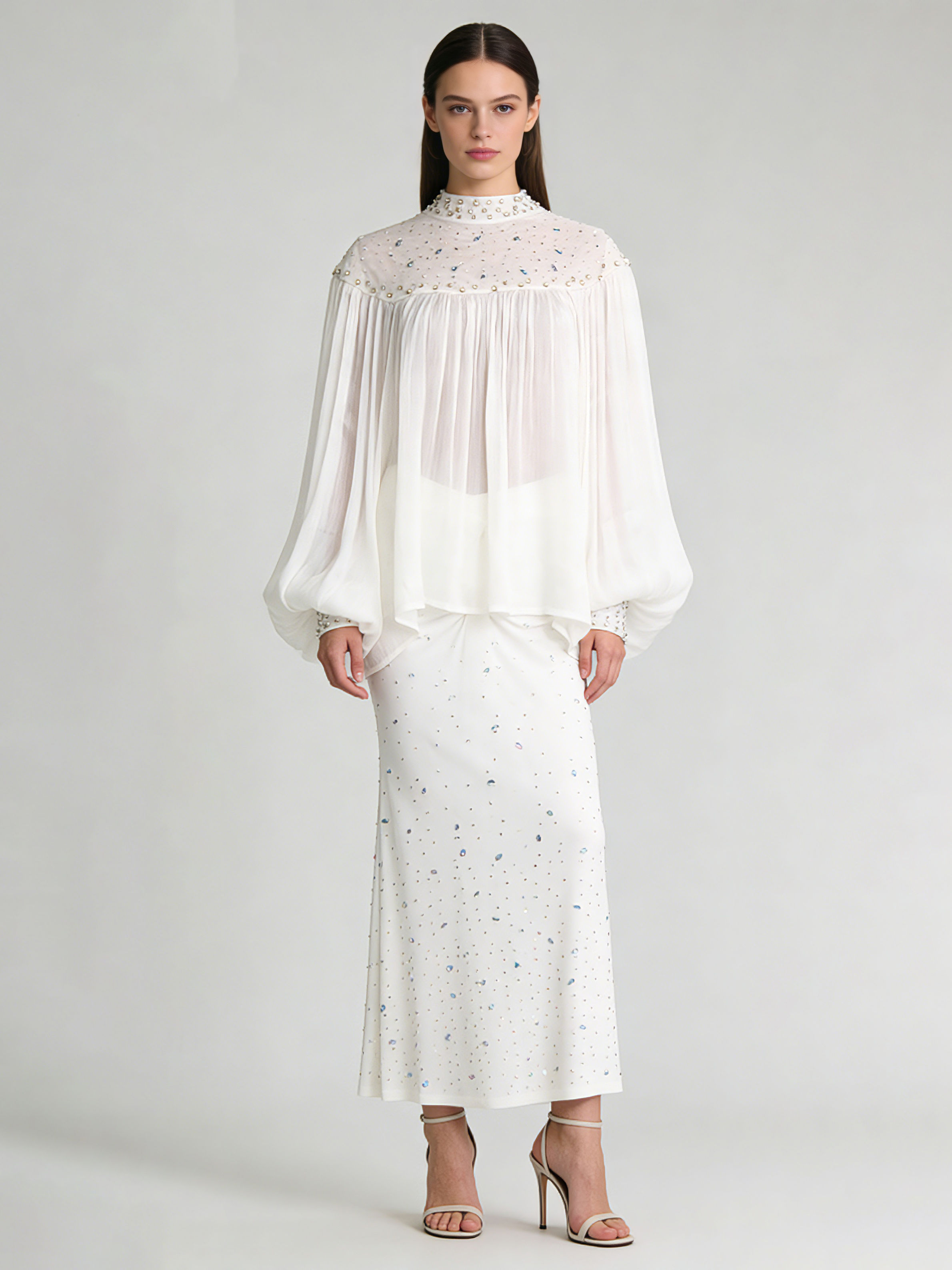 TWOTWINSTYLE Stand Collar Long Sleeve Top Spliced Diamond Skirt Chic Set