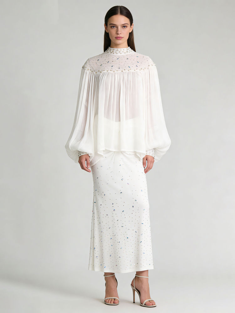 TWOTWINSTYLE Stand Collar Long Sleeve Top Spliced Diamond Skirt Chic Set