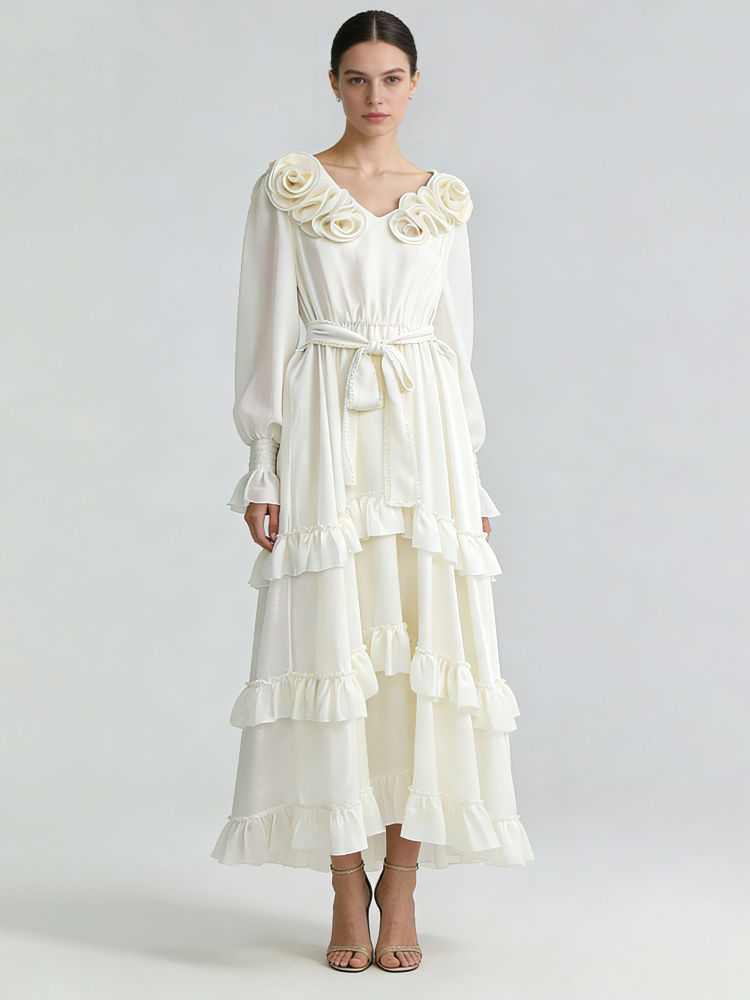 TWOTWINSTYLE V Neck Bell Sleeve Spliced Ruffles Elegant Dress