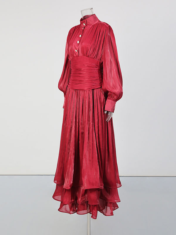 TWOTWINSTYLE Solid Stand Collar Long Sleeve Tunic Vintage Dress