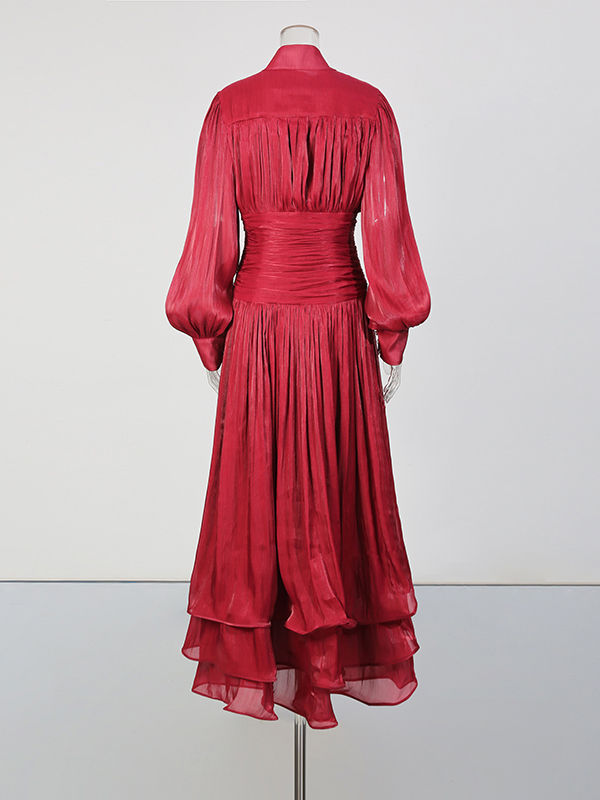 TWOTWINSTYLE Solid Stand Collar Long Sleeve Tunic Vintage Dress