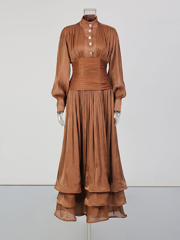TWOTWINSTYLE Solid Stand Collar Long Sleeve Tunic Vintage Dress