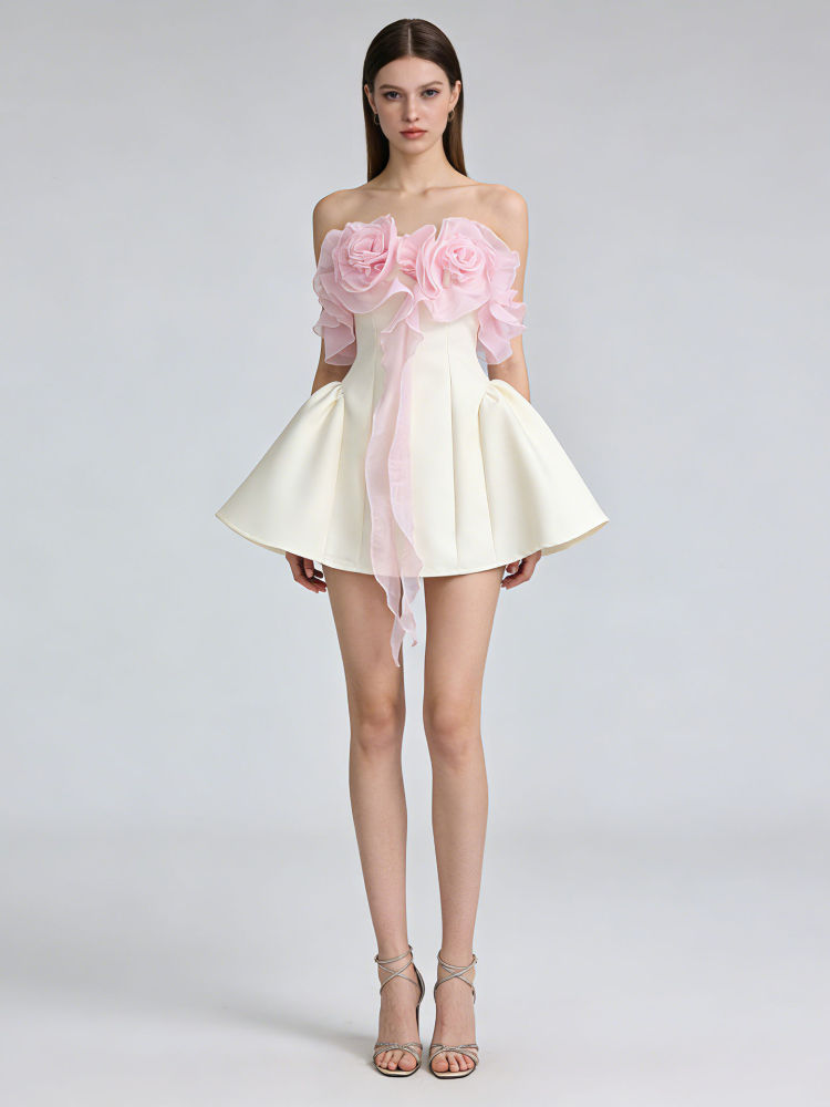 TWOTWINSTYLE  Off Shoulder Hit Color Spliced 3d Flower Elegant Dress