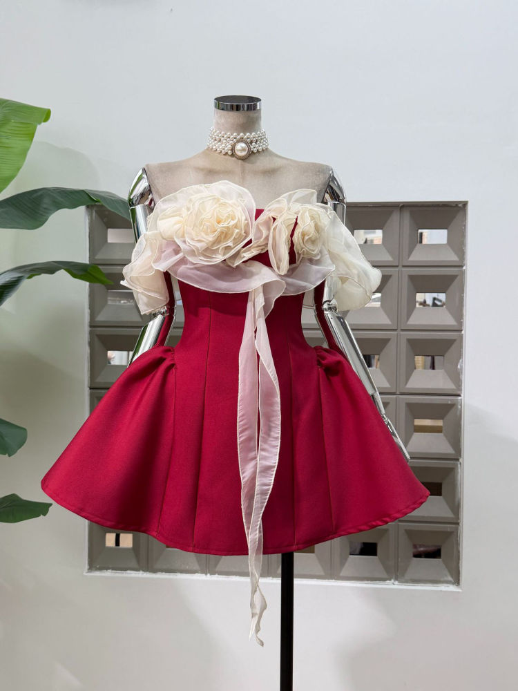 TWOTWINSTYLE  Off Shoulder Hit Color Spliced 3d Flower Elegant Dress